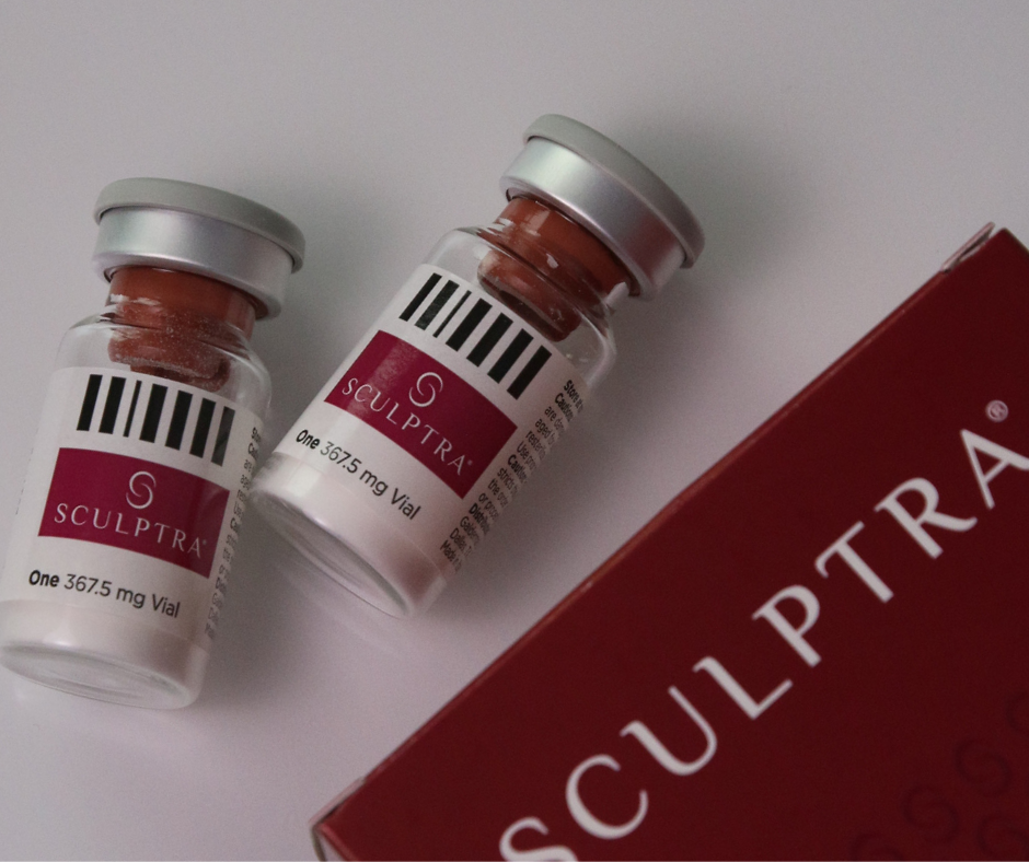 Two Sculptra vials and a box on a white background